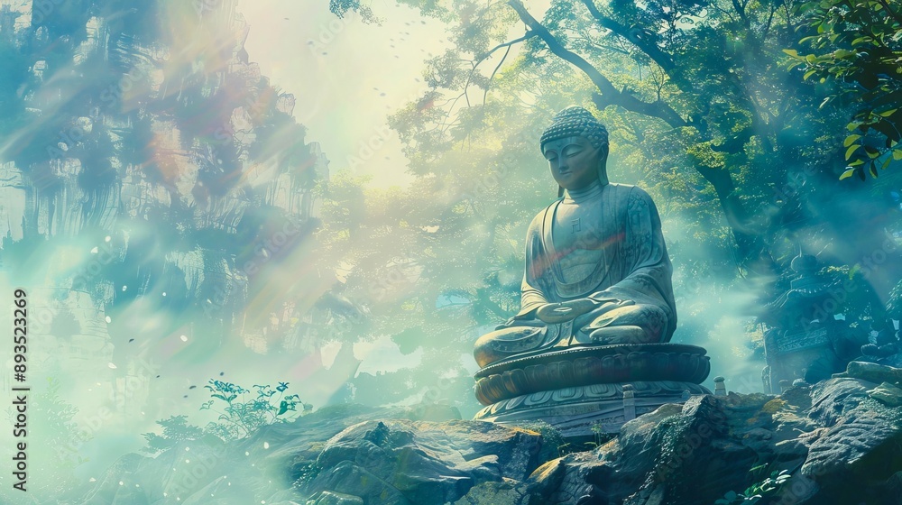 A statue of buddha in the middle of a forest. A statue of buddha in the middle of a forest.