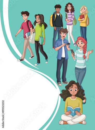 Cartoon teenager students. Students walking, standing up and reading.