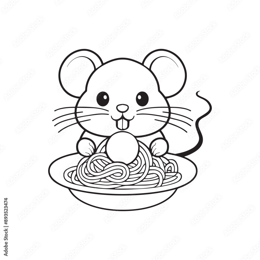 Simple illustration of cute mouse eating meatball in bowl Simple illustration of cute mouse eating meatball in bowl