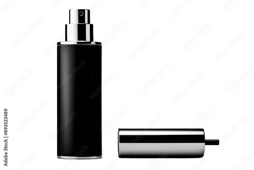 sleek, black perfume bottle with a minimalist label and a silver atomizer. Isolated on white background sleek, black perfume bottle with a minimalist label and a silver atomizer. Isolated on white background