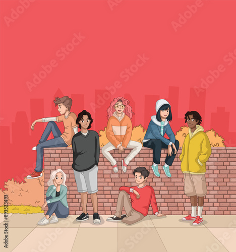 muro_jovenGroup of cartoon young people. Teenagers.s_fundo_vermelho.eps