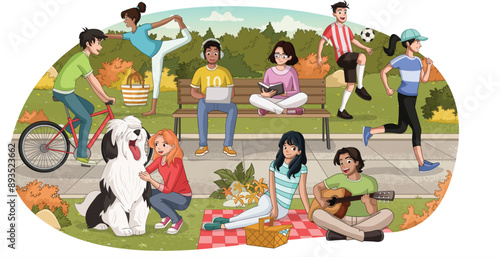 Group of people in a park with grass and trees. Nature landscape with teenagers.