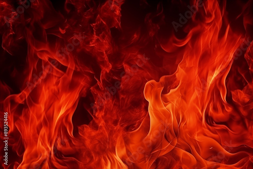 Close-up of red and orange flames on a dark background. Fire and heat concept. Design for wallpaper, poster, print.