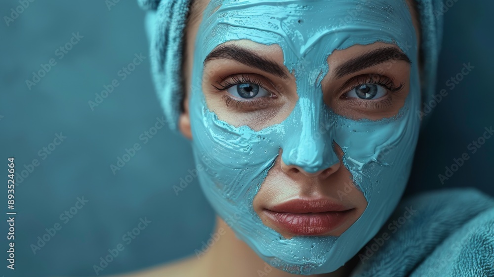 A Moment of Self-Care: A Woman's Face Glowing With a Cooling Blue Clay Mask. Generative AI A Moment of Self-Care: A Woman's Face Glowing With a Cooling Blue Clay Mask. Generative AI