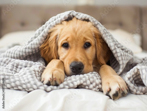 A golden retriever puppy is wrapped up in a blanket.