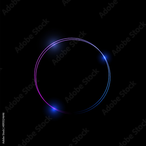 Neon gradient line dual circle frame with spark lights, vector glowing energy round border, realistic ring light effect