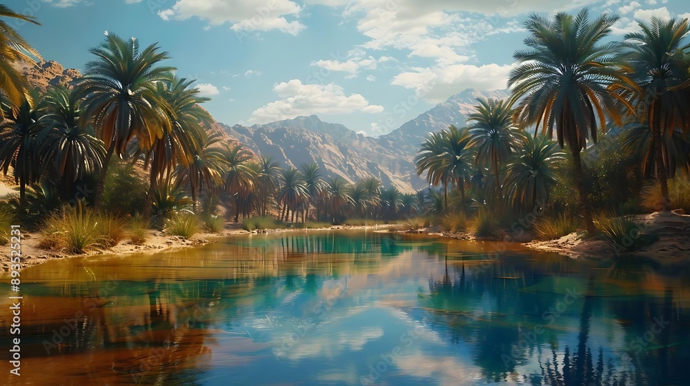 Palm Trees Reflecting in a Tranquil Oasis Lake with Mountain Background - Digital Illustration Palm Trees Reflecting in a Tranquil Oasis Lake with Mountain Background - Digital Illustration