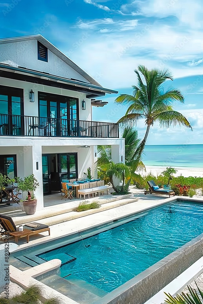 Fototapeta premium A large house with a pool and beach.