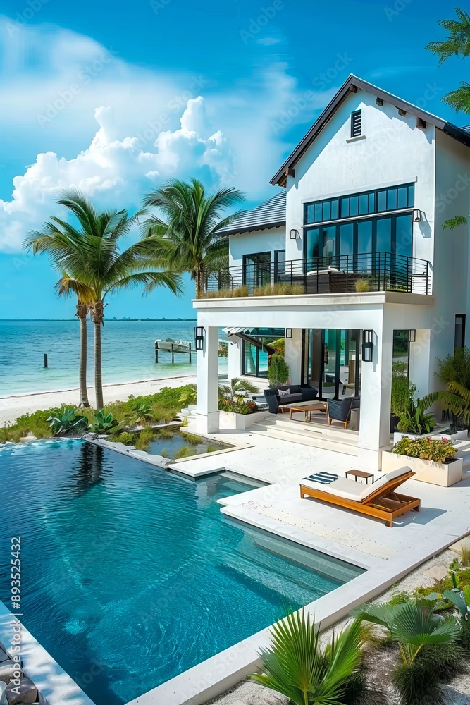 A large house with a pool and palm trees. A large house with a pool and palm trees.