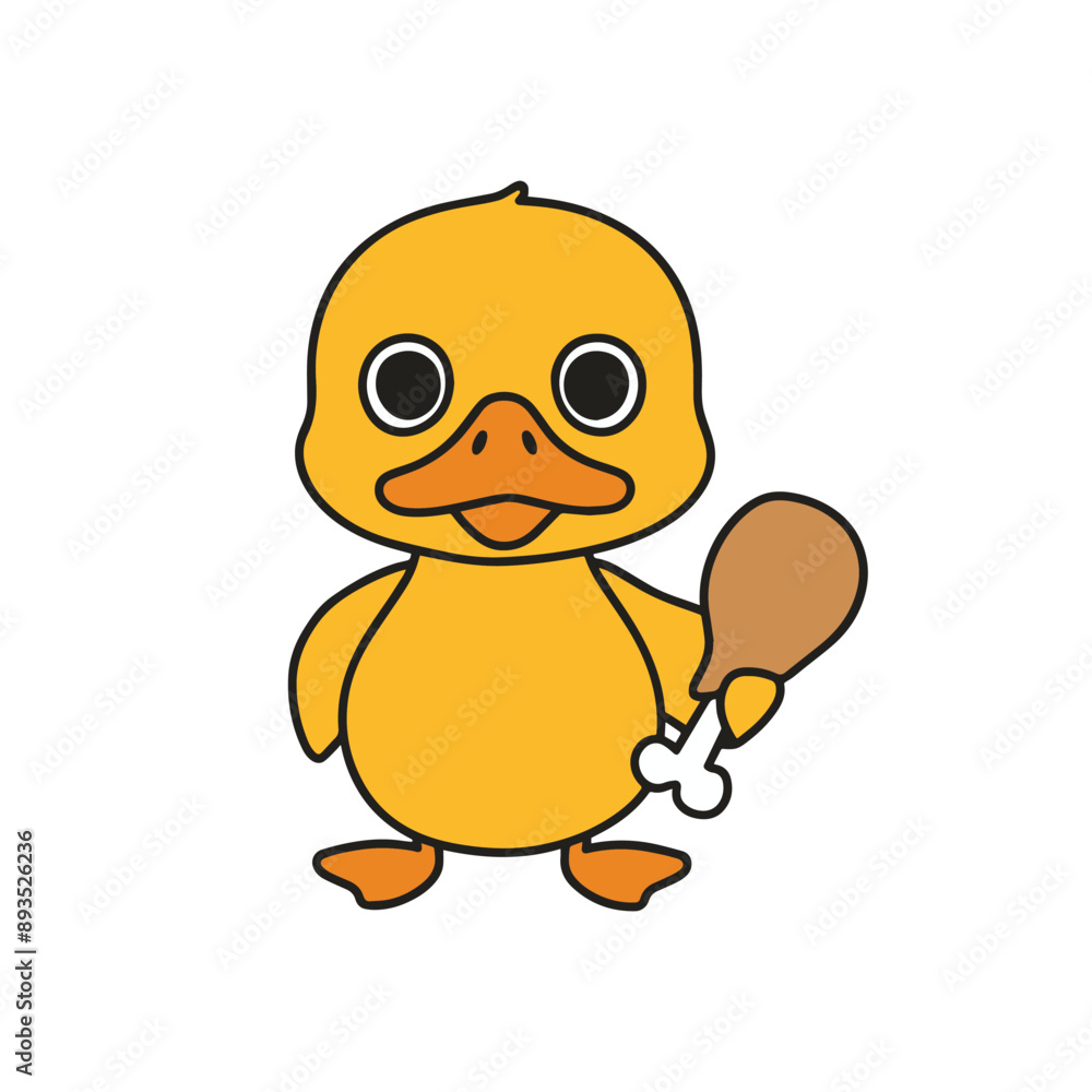 Simple illustration of cute duck with a chicken drumstick with a bone Simple illustration of cute duck with a chicken drumstick with a bone