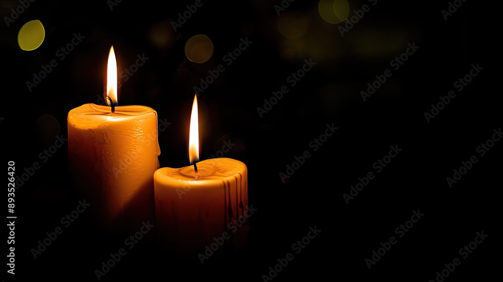 Two burning candles on dark background. Perfect for designs conveying hope, faith, and remembrance. Two burning candles on dark background. Perfect for designs conveying hope, faith, and remembrance.