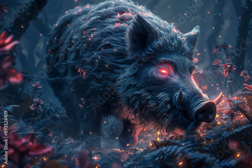 Tusked Titan: Mystic Boar of the Shadowed Realm - Generative AI photo