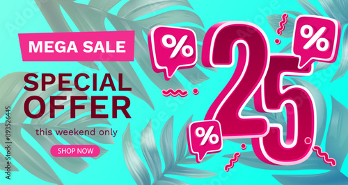 Summer time, sale offer 25 percentage, flyer save season. Vector illustration