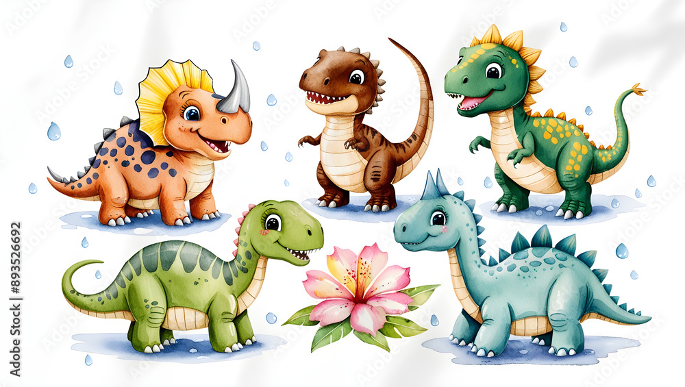 Naklejka premium Vibrant watercolor illustration of six adorable baby dinosaurs, each with unique skin patterns and textures, playing together in a joyful scene on a crisp white background, generative ai