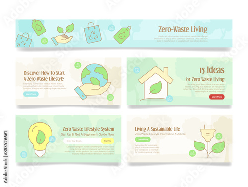 Zero waste sustainable lifestyle eco friendly go green landing page design template set vector flat