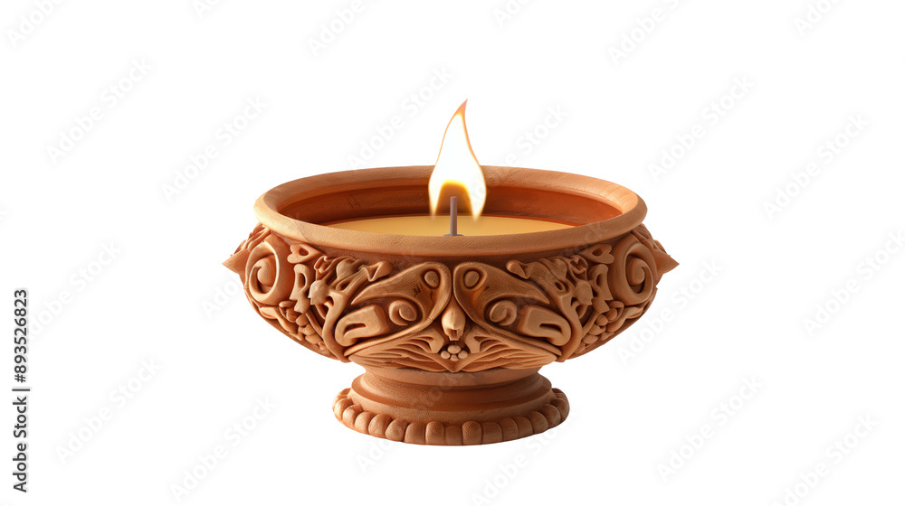 A beautifully crafted clay oil lamp with intricate carvings isolated on transparent background A beautifully crafted clay oil lamp with intricate carvings isolated on transparent background