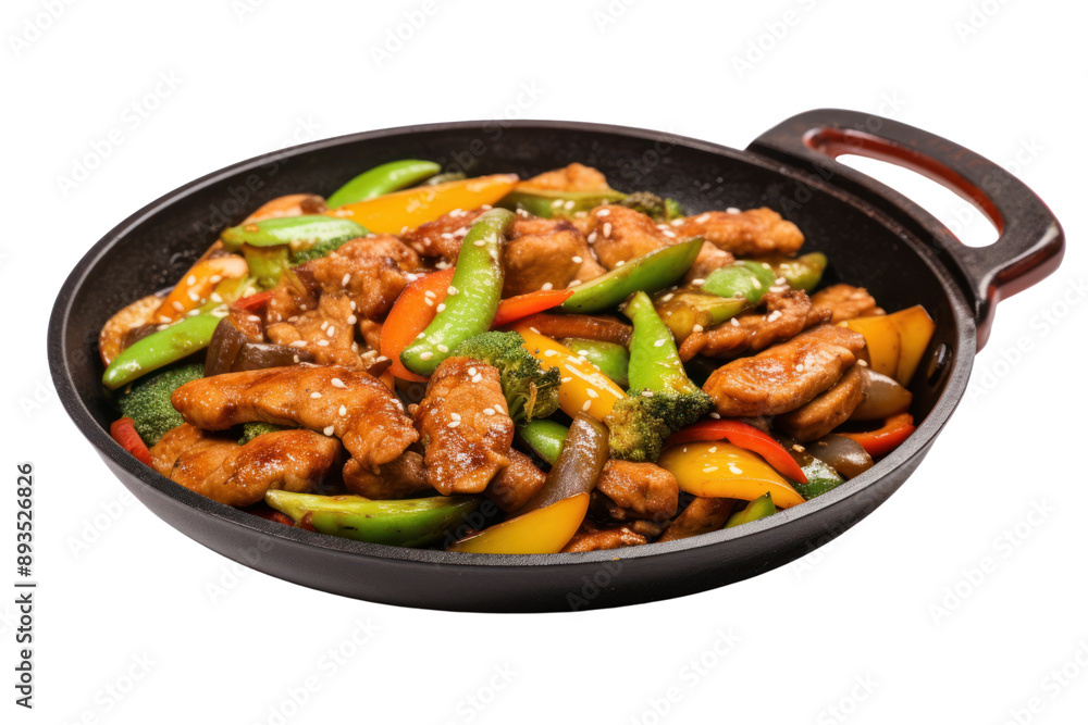 sizzling pork stir-fry, with tender pieces of pork, colorful vegetables, and a flavorful sauce, on a white background. sizzling pork stir-fry, with tender pieces of pork, colorful vegetables, and a flavorful sauce, on a white background.