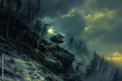 Tusked Titan: Mystic Boar of the Shadowed Realm - Generative AI