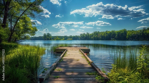 Fototapeta Naklejka Na Ścianę i Meble -  Dock Overlooking Lake in Ludington State Park, Michigan. Summer Vacation at Ludington, Northern America