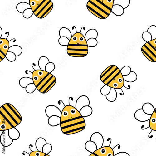 Flying bees seamless pattern. Happy honeybees. Vector illustration.