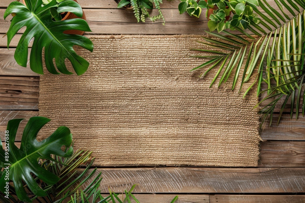 Doormat Mockup on Wooden Background with Green Plant. Spring Design for Floor Texture Doormat Mockup on Wooden Background with Green Plant. Spring Design for Floor Texture