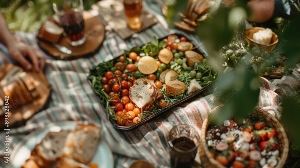 A vibrant picnic scene showcasing a variety of fresh fruits, vegetables, breads, and drinks, beautifully arranged on a plaid cloth under dappled sunlight in nature. A vibrant picnic scene showcasing a variety of fresh fruits, vegetables, breads, and drinks, beautifully arranged on a plaid cloth under dappled sunlight in nature.