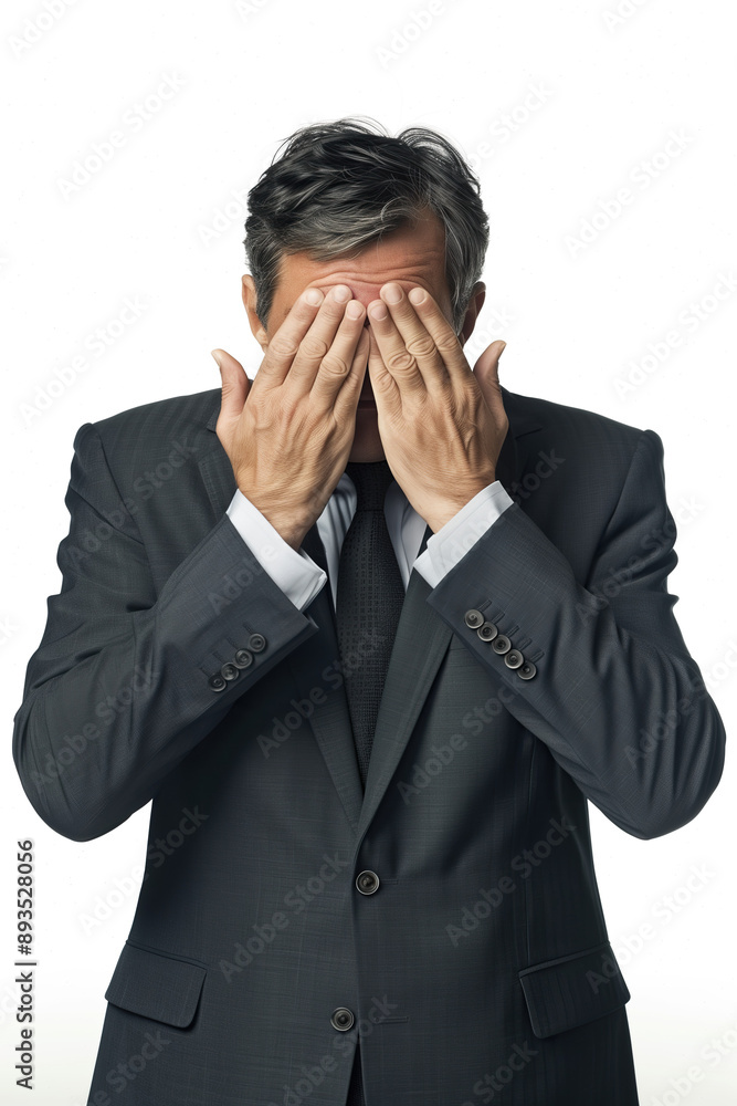 business guy in a suit covering his eyes with hands, shame, no-gesture, white background, photorealistic // ai-generated business guy in a suit covering his eyes with hands, shame, no-gesture, white background, photorealistic // ai-generated