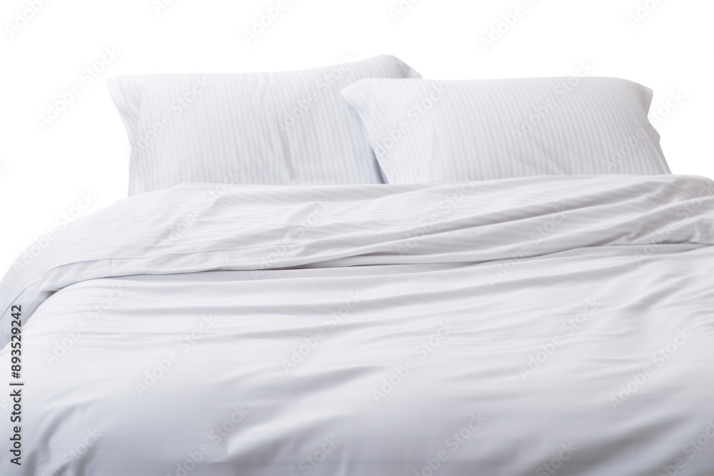 set of crisp white bed sheets with a subtle pinstripe pattern, isolated on white background set of crisp white bed sheets with a subtle pinstripe pattern, isolated on white background
