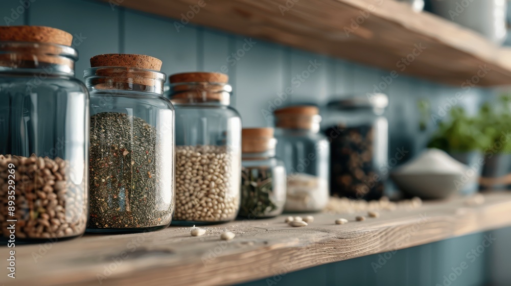 A collection of glass jars with cork lids filled with various spices, seeds, and grains are arranged neatly on wooden shelves, creating an organized and rustic kitchen display. A collection of glass jars with cork lids filled with various spices, seeds, and grains are arranged neatly on wooden shelves, creating an organized and rustic kitchen display.
