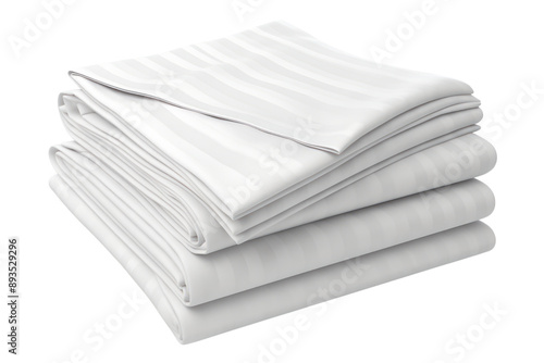 set of crisp white bed sheets with a subtle pinstripe pattern, isolated on white background photo