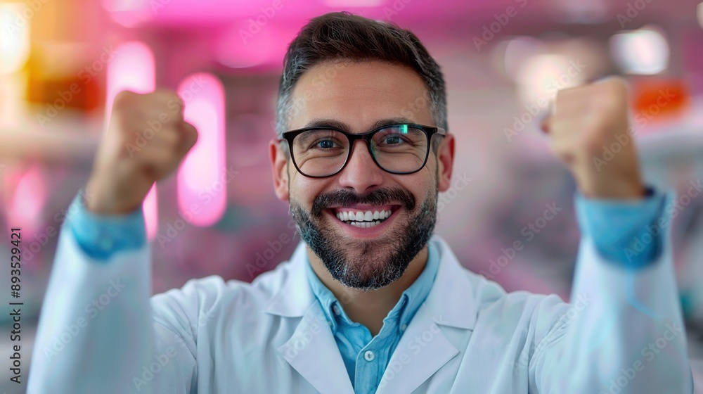 A happy male doctor with glasses celebrating a success. He is wearing a white lab coat and has a beard. The background is blurred. A happy male doctor with glasses celebrating a success. He is wearing a white lab coat and has a beard. The background is blurred.
