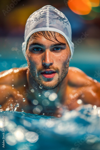 A man in a swimming cap is in the water