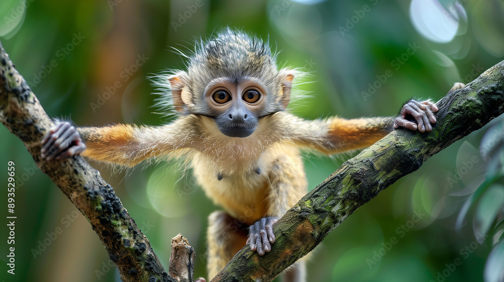Image of a young, beautiful, brown-furred monkey with a happy expression, standing on a tree branch in the jungle. Image of a young, beautiful, brown-furred monkey with a happy expression, standing on a tree branch in the jungle.
