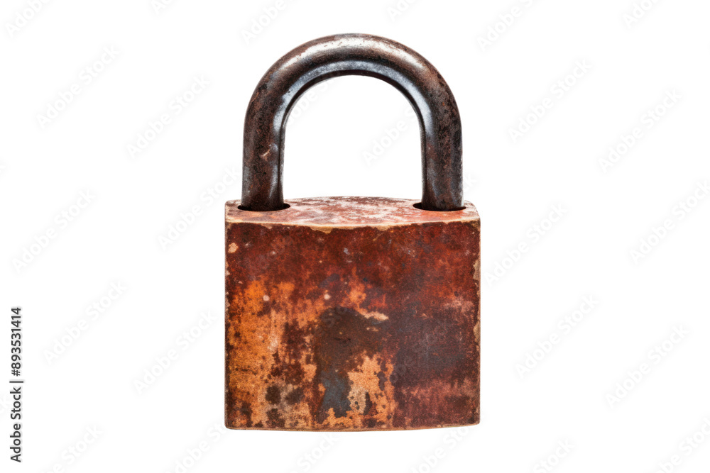 rusty steel padlock, its keyhole worn from years of use, symbolizing security and protection, isolated on a white background. rusty steel padlock, its keyhole worn from years of use, symbolizing security and protection, isolated on a white background.