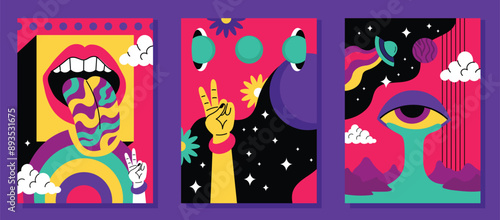 Set of Psychedelic abstract posters in bright acidic trendy colors.Print for t-shirts, cards, flyers, posters.Vector flat illustration