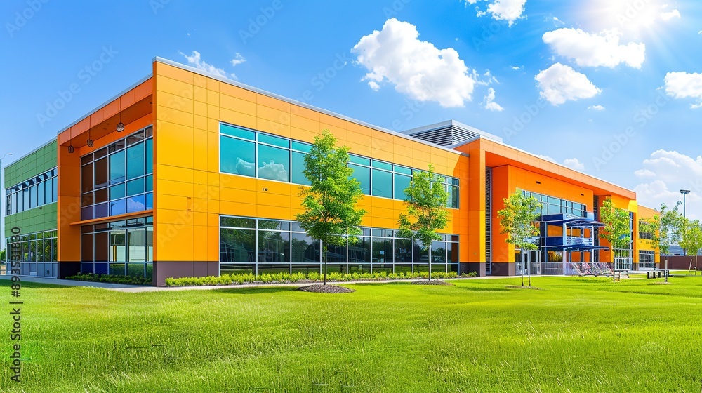 Obraz premium Sunny Day Exterior View of Public School Building - Educational Architecture and Community Concept