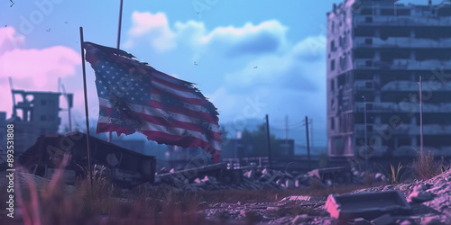 The Frayed Flag: A tattered national flag flies amidst rubble, symbolizing the aftermath of conflict. photo