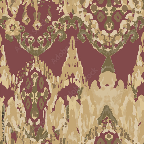 Rhombus Ikat Vector Pattern. Ogee Geometric Print. Watercolor Batik Seamless Design. Gold, Green, and Red Wet Vintage Tie Dye Ornament. Abstract Ethnic Kilim.  Vibrant Carpet Rug Chevron Motif.