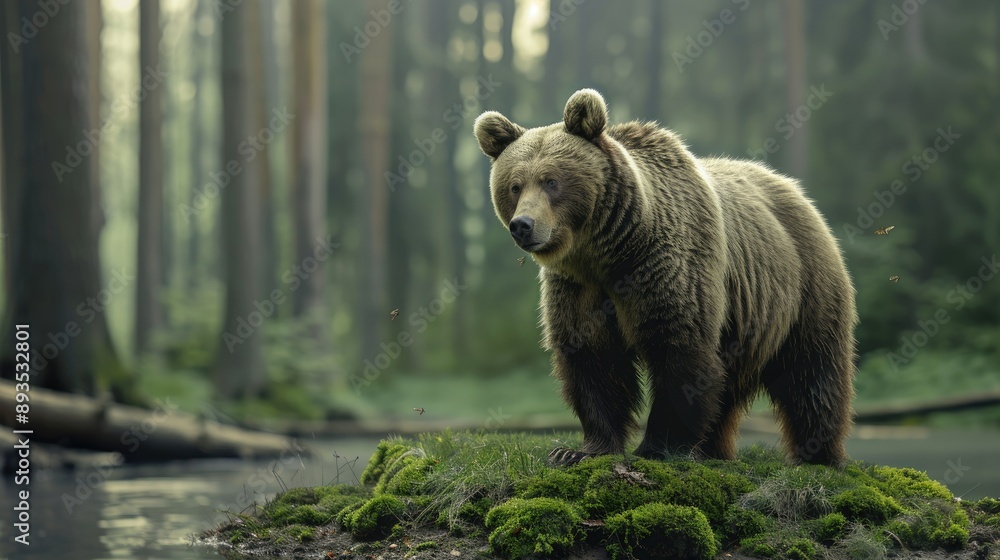 Fototapeta premium A large brown bear walks through the grass towards a pond