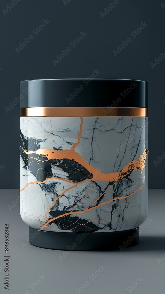 A marble and gold colored cup with a crack in it A marble and gold colored cup with a crack in it