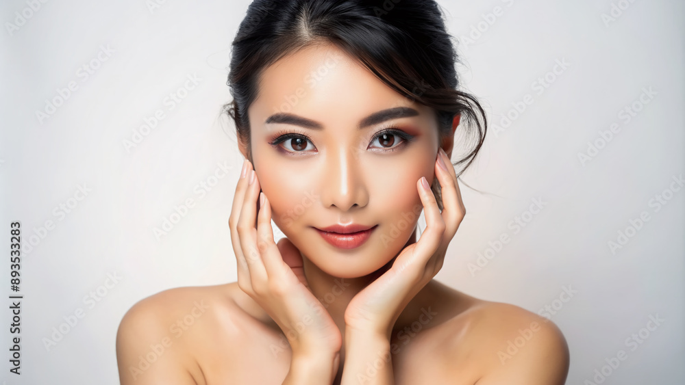 Gorgeous young Asian woman with flawless skin and perfect makeup, gently touches her face, highlighting her beauty and cosmetic enhancements on a pure white background. Gorgeous young Asian woman with flawless skin and perfect makeup, gently touches her face, highlighting her beauty and cosmetic enhancements on a pure white background.