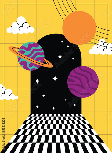 Psychedelic abstract poster in bright acidic trendy colors.Print for t-shirts, cards, flyers, posters.Vector flat illustration