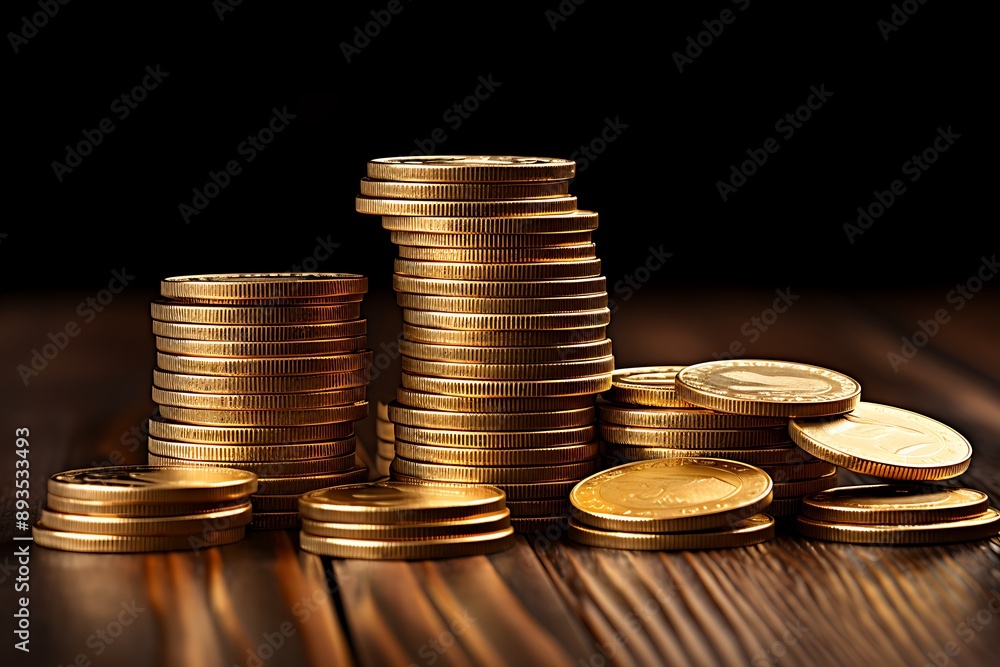 Stacks of gold coins on wooden table, business and finance concept Stacks of gold coins on wooden table, business and finance concept