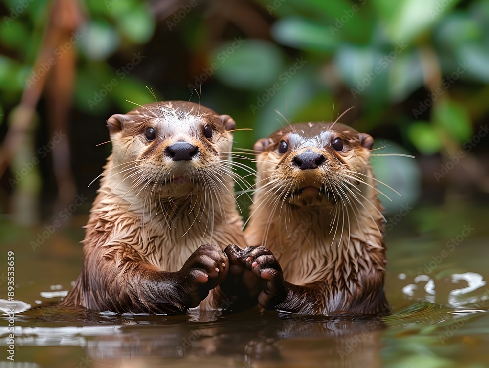 Playful Otters Holding Hands While Floating on a Lush River Surrounded by Greenery Playful Otters Holding Hands While Floating on a Lush River Surrounded by Greenery