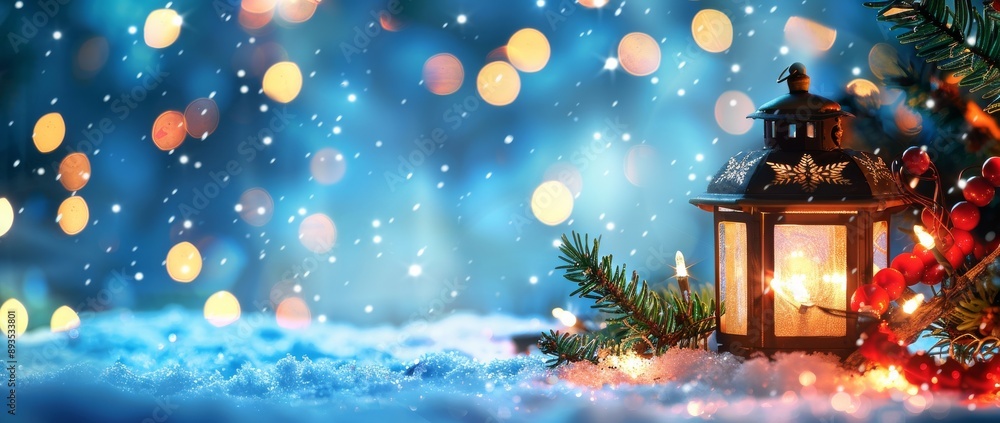 Immerse yourself in the enchanting winter ambiance with charming lanterns, snow, and twinkling bokeh lights. This will create a warm and festive atmosphere perfect for the holiday season Immerse yourself in the enchanting winter ambiance with charming lanterns, snow, and twinkling bokeh lights. This will create a warm and festive atmosphere perfect for the holiday season