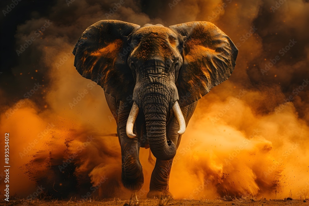 Fototapeta premium Majestic Elephant Dominates the African Savanna Dust Swirling in Dramatic Atmosphere