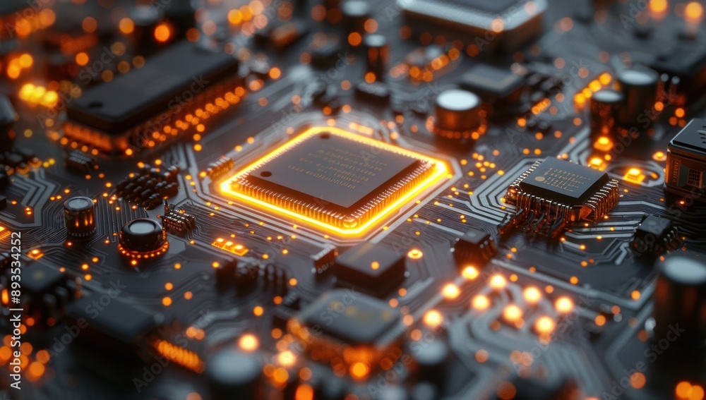 Close-up of a Lit-Up Motherboard with a Glowing Chip Close-up of a Lit-Up Motherboard with a Glowing Chip