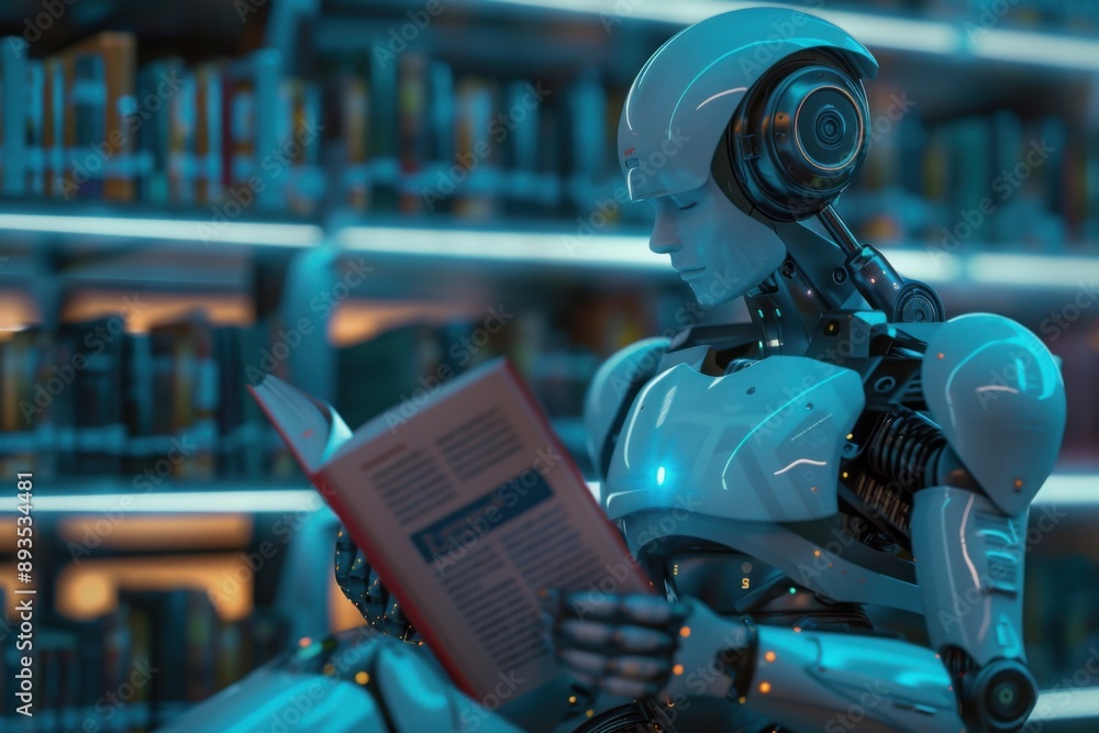 Fototapeta premium Futuristic Robot Reading Book in Library