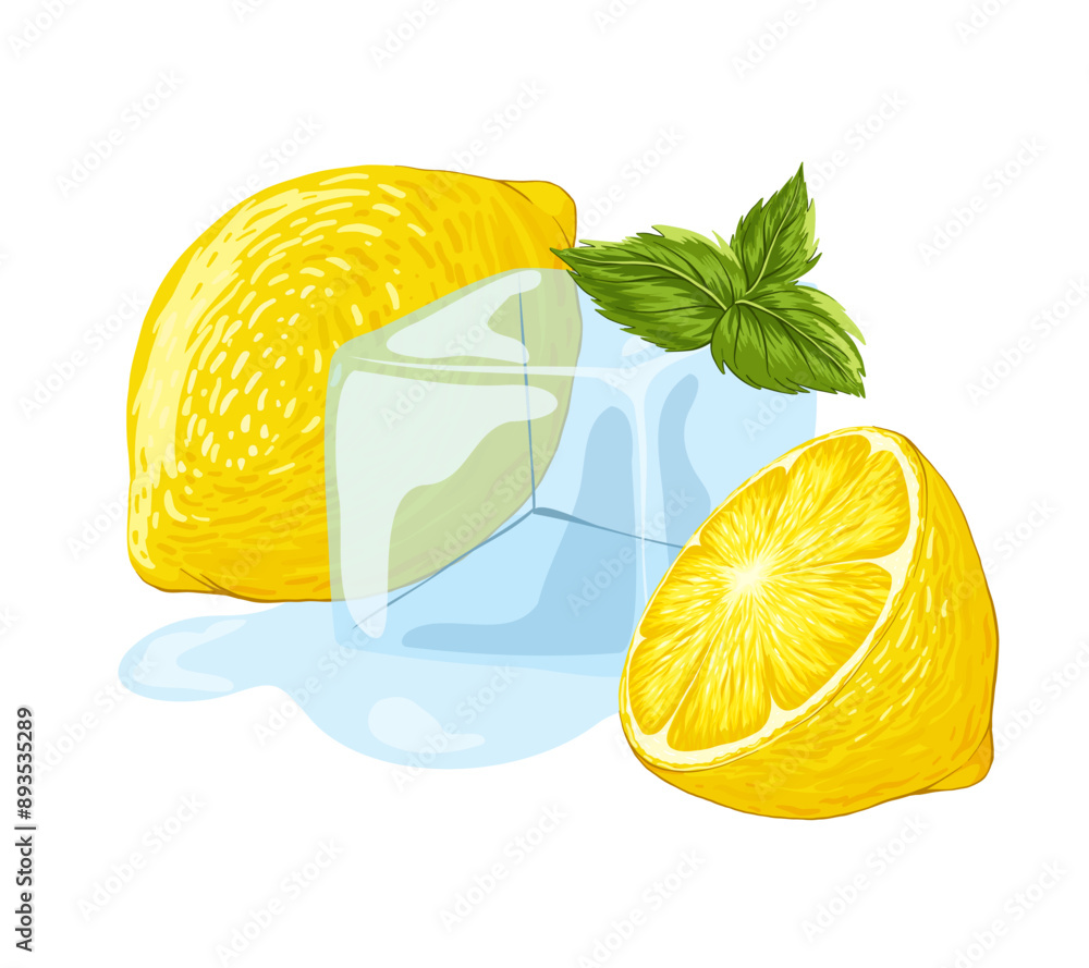 Ice cube with lemons. Ice crystal melted cube with slice of lemon and ...