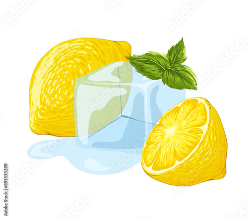 Ice cube with lemons. Ice crystal melted cube with slice of lemon and peppermint. Cartoon hand drawn vector illustration. Realistic transparent freeze water for cocktails and beverage for cooling.